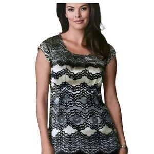 Cabi 100% Silk Lace Print Tunic Blouse Sheer Overlay Chic Lightweight Top